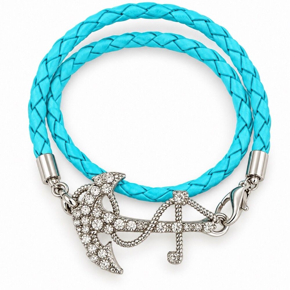 Turquoise Braided Rope Anchor Bracelet Silver Tone Crystal Rhinestone Wrap